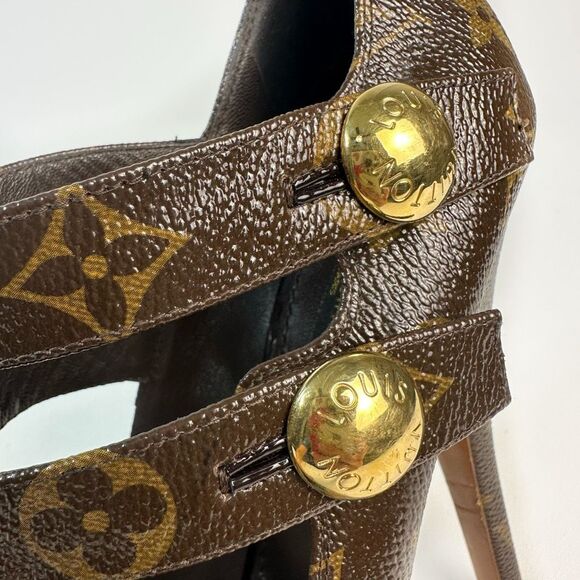 LOUIS VUITTON Ritual Fetish Platform Pumps Size 38 Brown Monogram Peep Toe - Picture 12 of 16
